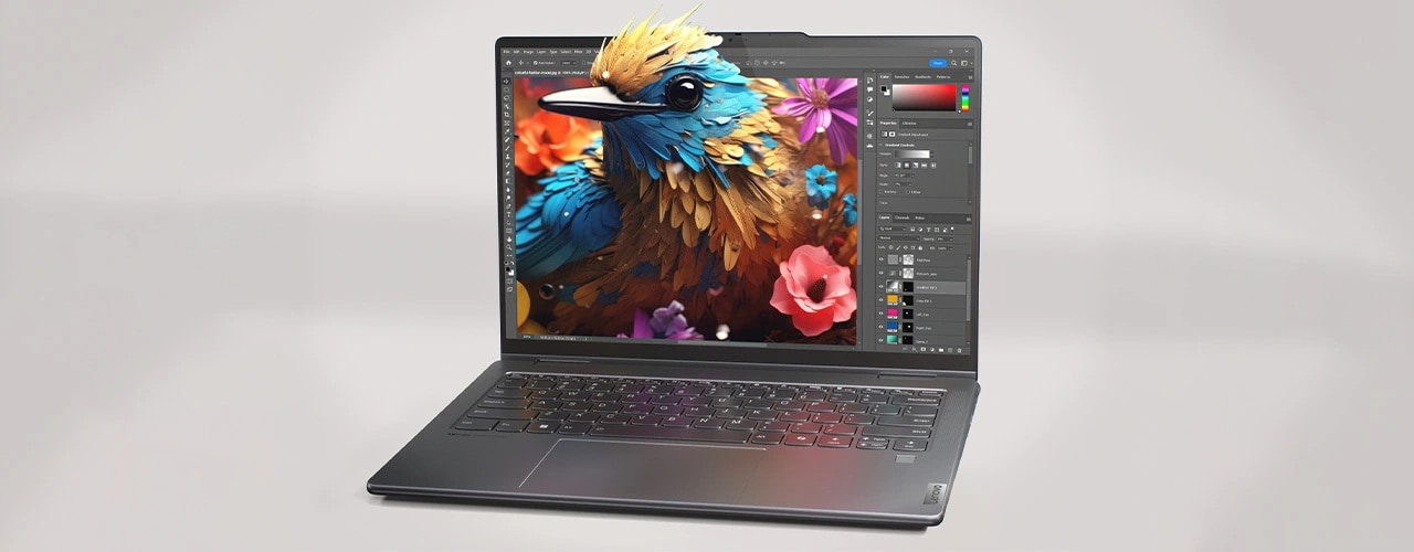 Front view of the Yoga 7 2-in-1 Gen 9 (14 Intel) with a colorful bird emerging from the display