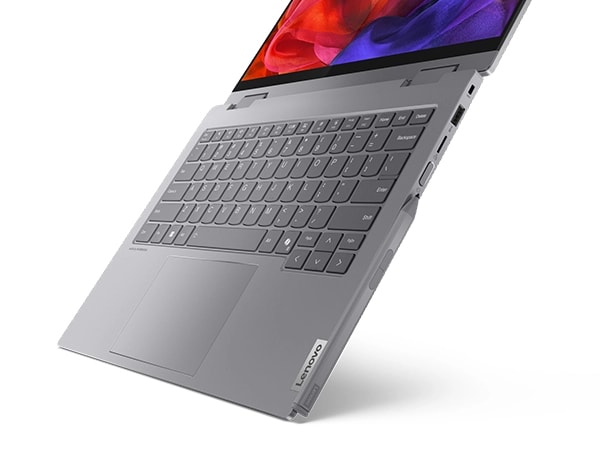 Front, right side view of Lenovo ThinkBook 14 2-in-1 Gen 4 (14” Intel) laptop tilted & opened at 180 degrees, focusing its slim profile & keyboard. 