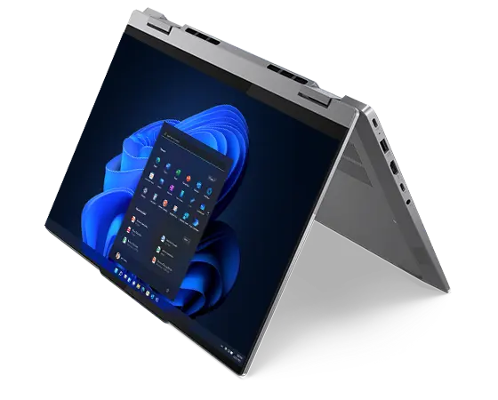 Nahaufnahme des Lenovo ThinkBook 14 2-in-1 Gen 4 (14'' Intel) Notebooks im Zeltmodus mit dynamischem Display und geöffnetem Windows 11 pro Menü auf dem Bildschirm.
