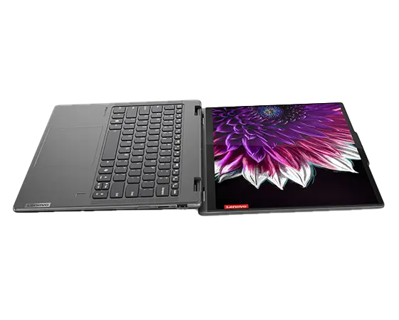 The Yoga 7 2-in-1 Gen 9 (14 Intel) opened 180 degrees and laying flat