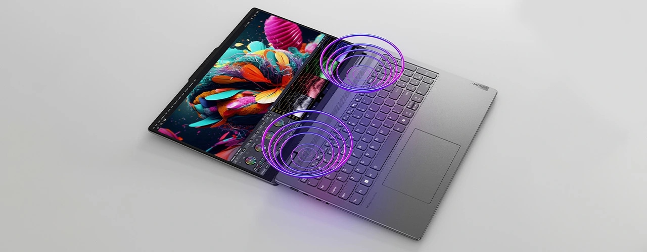 The Yoga 7 2-in-1 Gen 9 (16 Intel) opened 180 degrees and laying flat, with circular graphics representing Dolby sound