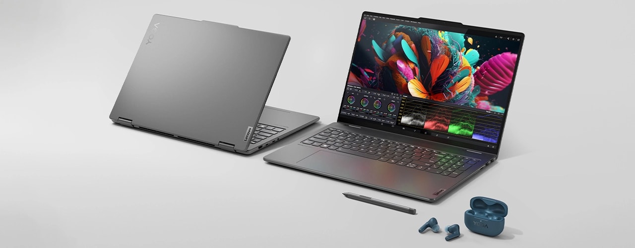 Front and back angle views of the Yoga 7 2-in-1 Gen 9 (16 Intel), with digital pen and optional earbuds