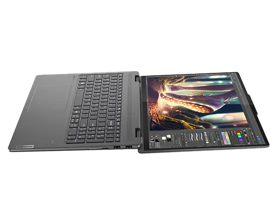 Top right view of the Yoga 7 2-in-1 Gen 9 (16 Intel) opened 180 degrees and laying flat