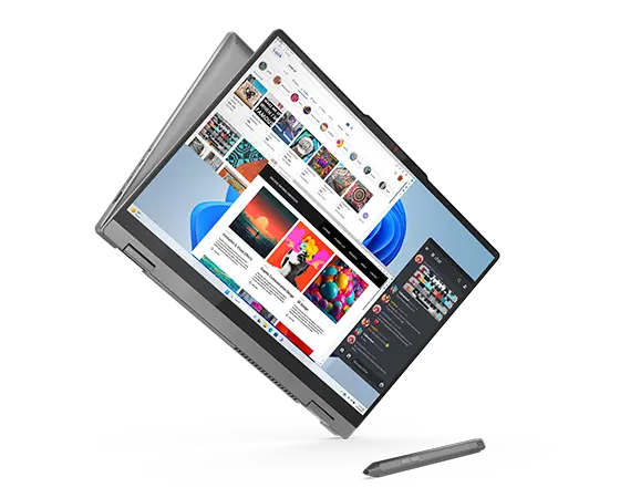 Lenovo IdeaPad 5 2-in-1 Gen 9 (16" Intel) schwebend im Zeltmodus mit geöffneten Apps auf dem Display und optionalem digitalen Stift