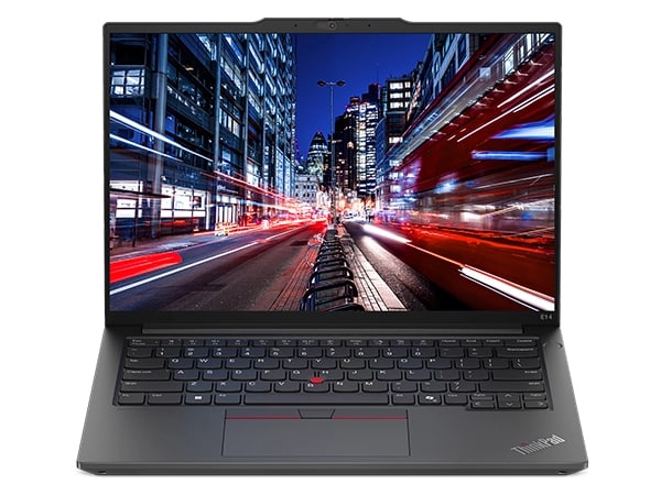 Máy tính xách tay Lenovo ThinkPad E14 Gen 6 (14” Intel) hướng mặt trước, mở ra, hiển thị màn hình và bàn phím.