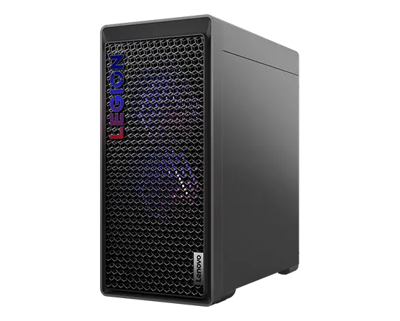 Front-right corner view of the Legion Tower 5i Gen 8 (Intel), viewed from low angle and revealing the mesh-vented front bezel and interior RGB lighting.