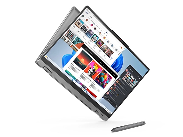 Front view of the Lenovo IdeaPad 5 2-in-1 Gen 9 (16 inch AMD) Luna Grey laptop in tablet mode slightly tilted from left, focusing different apps on its screen with the Lenovo Digital Pen placed on the right side.