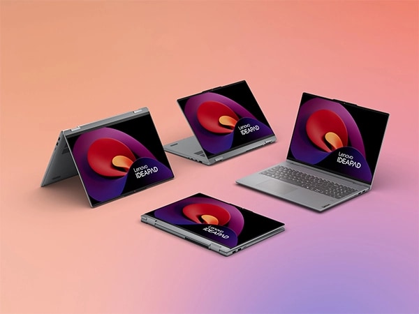 A view showcasing four Lenovo IdeaPad 5 2-in-1 Gen 9 (16 inch AMD) laptops in Luna Grey placed in four different modes namely tent, stand, laptop, & tablet mode with same wallpaper displayed on their screens.