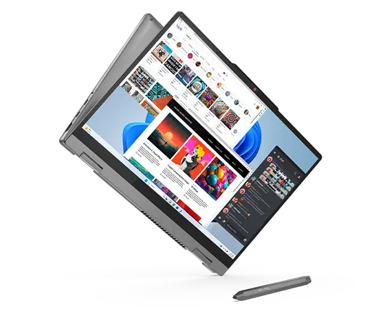 Vue avant du portable Lenovo IdeaPad 5 2 en 1 Gen 9 (14 pouces AMD) Grisuna en mode tablette, légèrement incliné à gauche, avec différentes applications sur l’écran et un stylet numérique Lenovo placé sur le côté droit.