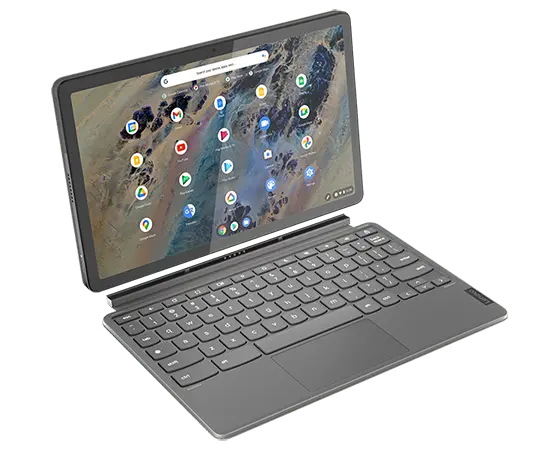Side view from above of 11″ IdeaPad Duet 3 Chromebook, showing the keyboard detached from the display.