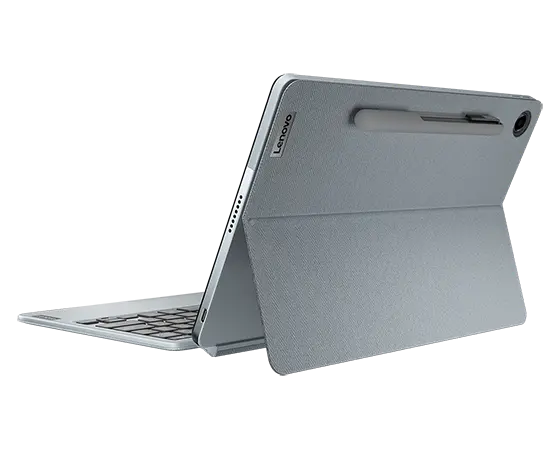 Rear side view of 11″ IdeaPad Duet 3 Chromebook, showing the part of the keyboard and portfolio case stand.
