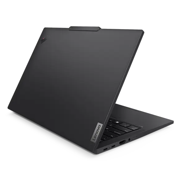 Rear, left side view of the Lenovo ThinkPad T14s Gen5 (14'' Intel) Eclipse Black laptop opened at an acute angle, focusing its left side ports & carbon fiber-based top cover with highlighted ThinkPad logo.