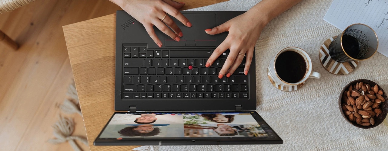 Aerial view of Lenovo ThinkPad L14 Gen 5 laptop, showing keyboard.