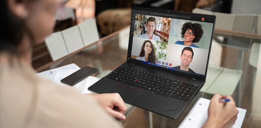 Front view of Lenovo ThinkPad L16 laptop showing conference video call screen.