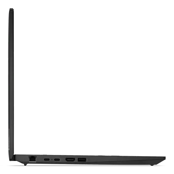 Left side view of Lenovo ThinkPad L16 laptop, open 90 degrees, showing ports.