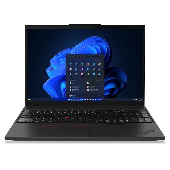 Lenovo ThinkPad T16 Gen 3 (16" Intel) laptop — front view, lid open, with Windows menu on the display