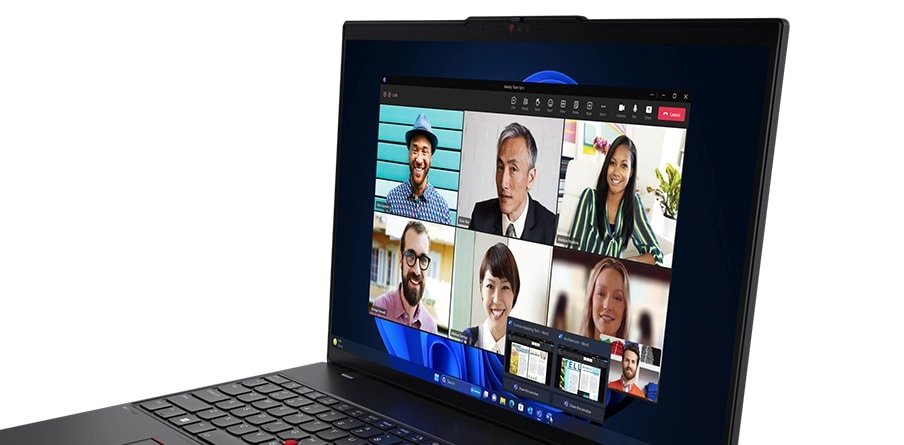 Online meeting on a vibrant display of the Lenovo ThinkPad L16 laptop.