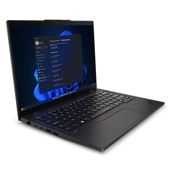 Lenovo ThinkPad L14 Gen 5 laptop front-faced right with security options on display.