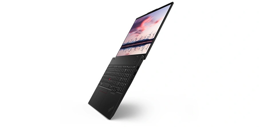 Lenovo ThinkPad L16 Notebook, um 180 Grad geöffnet, schräg zur Anzeige von Display und Tastatur