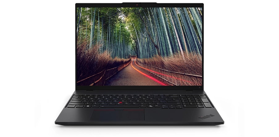 Front-faced Lenovo ThinkPad L16 laptop with an image of a forest on its screen.