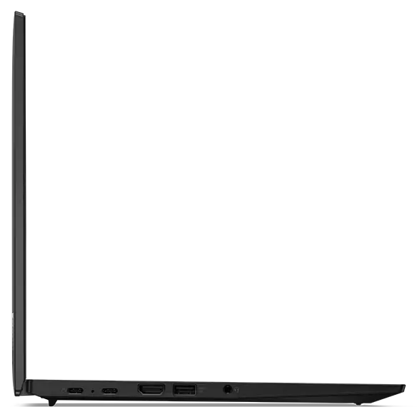 Perfil del lateral izquierdo del portátil Lenovo ThinkPad T14s de 4.ª generación abierto en un ángulo de 90 grados.