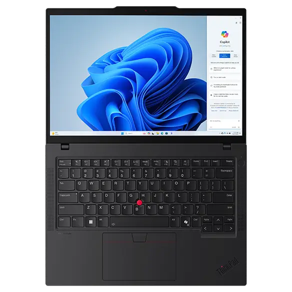 Overhead shot of the Lenovo ThinkPad T14 Gen 5 (14 inch Intel) Eclipse Black laptop opened at 180 degrees, focusing its keyboard & display with Windows Copilot menu opened on the screen.