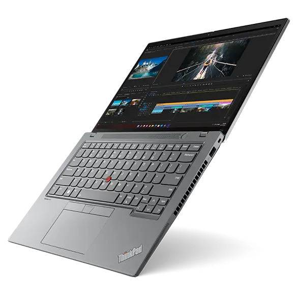 Rear-facing Lenovo ThinkPad T14 Gen 4  laptop in Storm Grey partially open & angled to show right-side ports.