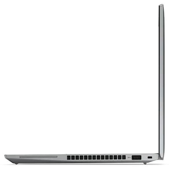 Right-side profile of the Lenovo ThinkPad T14 Gen 4 laptop in Storm Grey, open 90 degrees. 