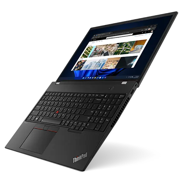 Right-side view of ThinkPad T16 Gen 1 (16” AMD) laptop, opened 180 degrees, angled vertically, from top to toe