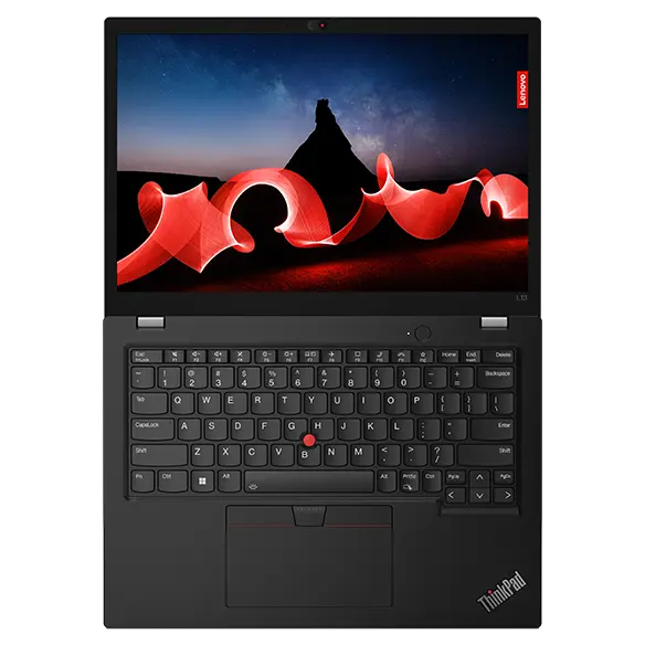Overhead shot of the Lenovo Thinkpad L13 Gen4 open 180 degrees, face up, showing keyboard & display.