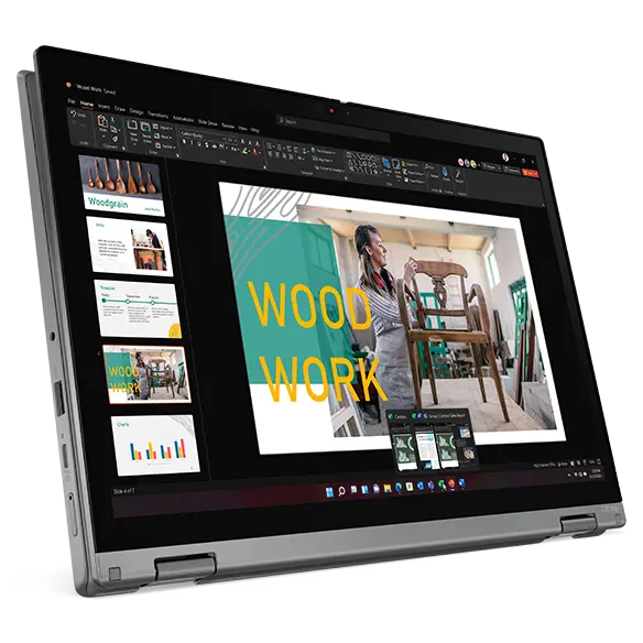 Vista del portátil 2-en-1 Lenovo ThinkPad L13 Yoga de 4.ª generación plegado sobre sí mismo en modo tablet, colocado horizontalmente, en Storm Grey.