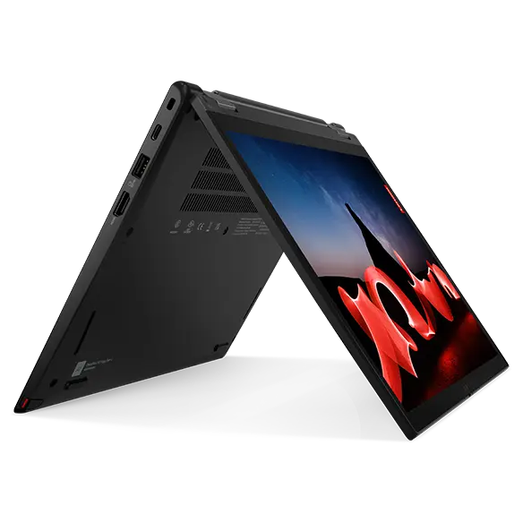 Lenovo Thinkpad L13 Yoga Gen4 in Tent Mode angled to the right displaying ports, bottom of laptop and 13 inch screen.