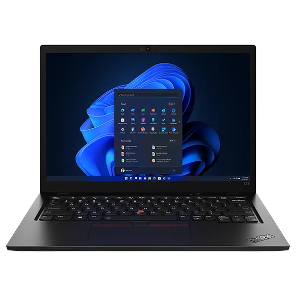 Front-facing Lenovo ThinkPad L13 Gen 4 laptop open 90 degrees, showing keyboard & Windows 11 Pro Start menu on the display.