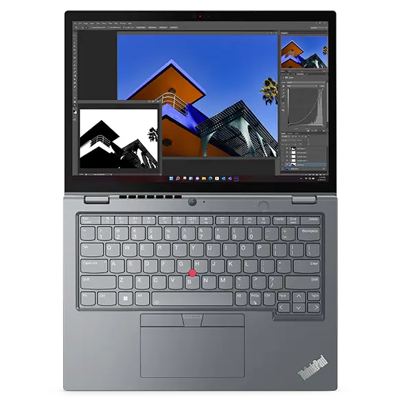 Vista superior del portátil 2-en-1 Lenovo ThinkPad L13 Yoga de 4.ª generación, abierto en un ángulo de 180 grados con el teclado y la pantalla visibles, en Storm Grey.