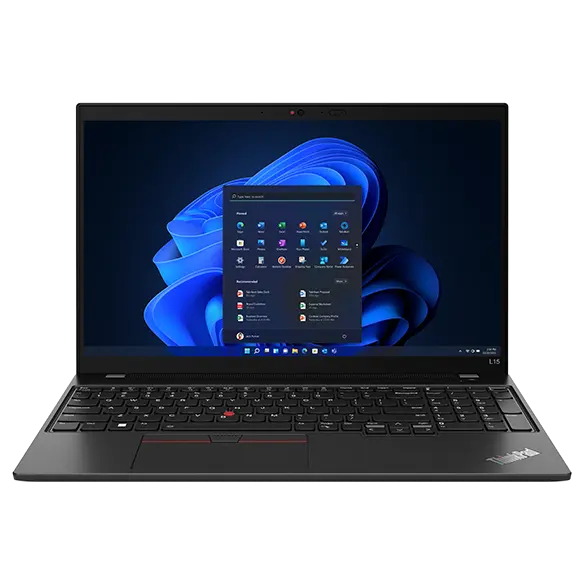 Lenovo ThinkPad L15 Gen 4 (15” Intel) laptop—front view, lid open, with Windows menu on the display