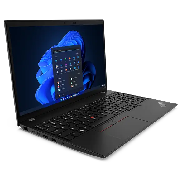Lenovo ThinkPad L15 Gen 4 (15” Intel) laptop—front-right view, lid open, with Windows menu on the display