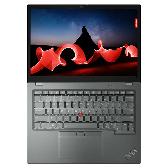 Overhead shot of the Storm Grey Thinkpad L13 Gen4 open 180 degrees, face up, showing keyboard & display.
