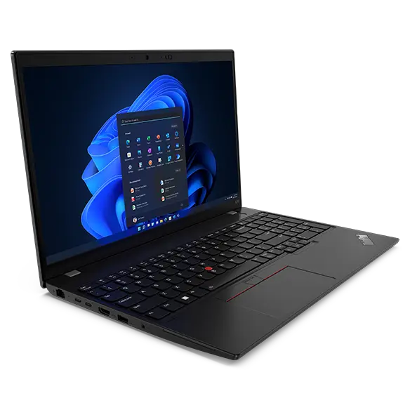 Lenovo ThinkPad L15 Gen 3 laptop open 90 degrees, showing Windows 11 Pro on display and right-side ports.