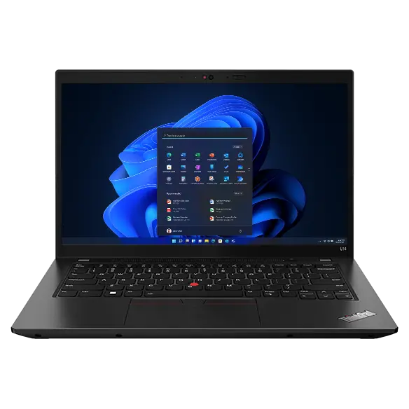 Lenovo ThinkPad L14 Gen 4 (14” Intel) laptop—front view, open, with Windows menu on the display