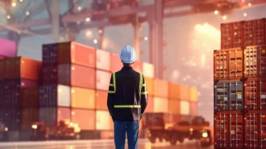 A port employee looking at stacks of shipping containers