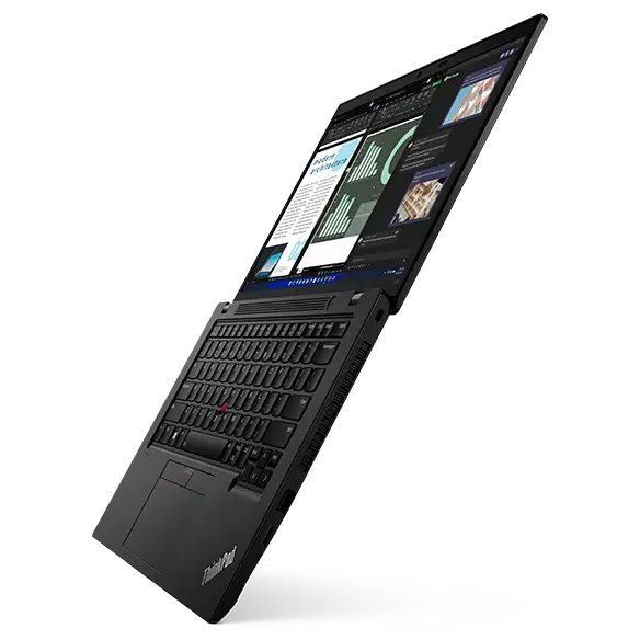 Lenovo ThinkPad L14 Gen 3 laptop open 90 degrees, angled to show left-side ports.