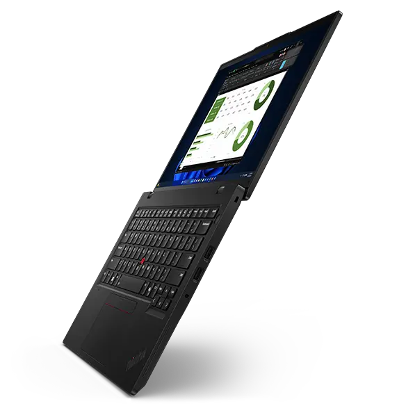Ordinateur portable Lenovo ThinkPad L14 Gen 5, ouvert à 180 degrés, incliné pour montrer l'écran et le clavier.