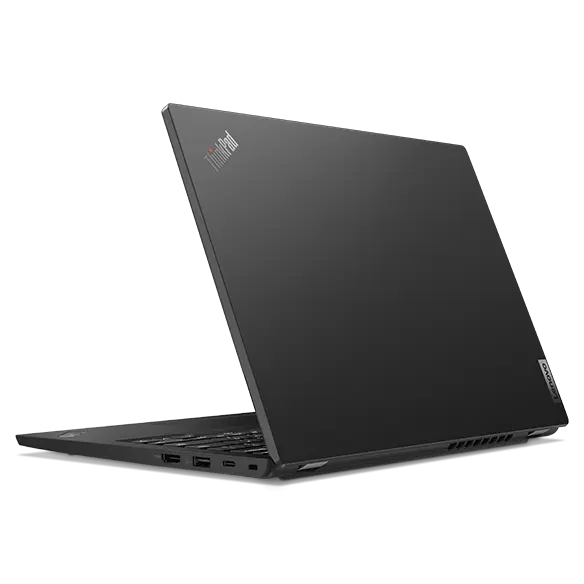Rear view of left-faced Lenovo ThinkPad L13 Gen 5 laptop.