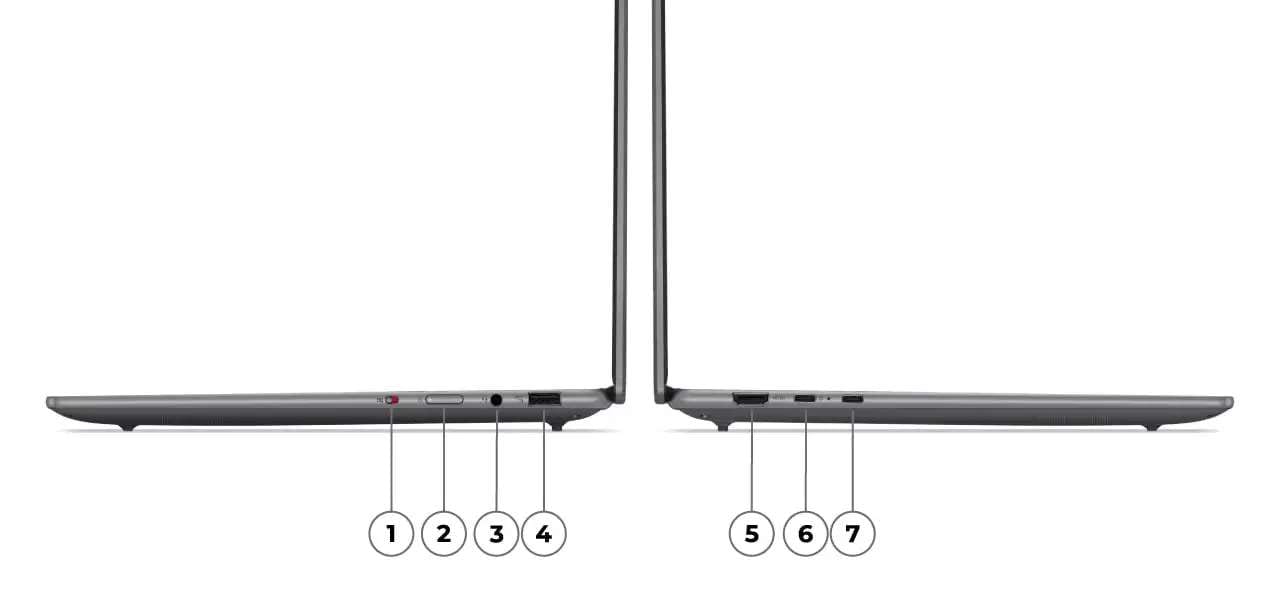 Yoga Pro 7 Gen 9 (14, AMD) в левом боковом профиле Luna Grey. Yoga Pro 7 Gen 9 (14, AMD) в цвете Luna Grey, правый профиль