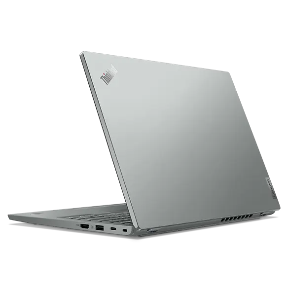 Lenovo ThinkPad L13 Gen 5 laptop storm grey rear facing left.