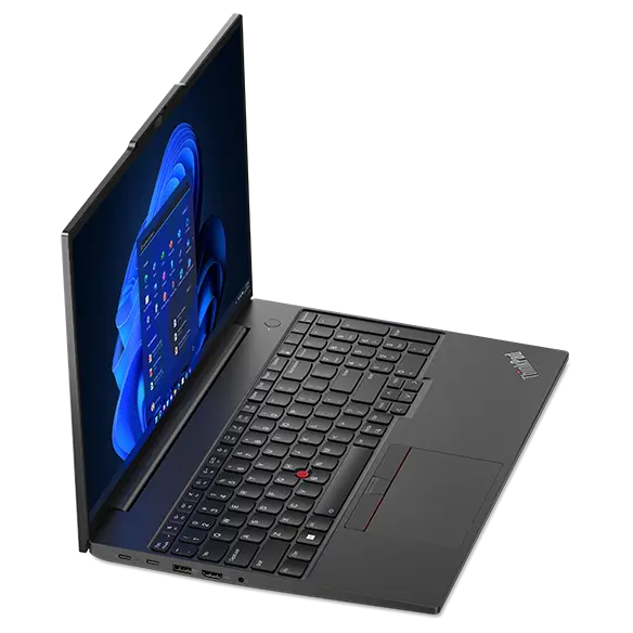 Lenovo ThinkPad E16 (16″ Intel) laptop – front view from the left and slightly above, lid open, with Windows menu on the display