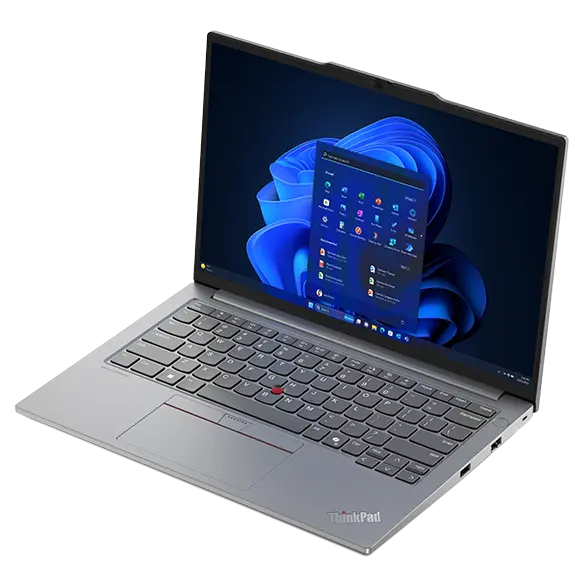 Vista lateral derecha del portátil Lenovo ThinkPad E14 Gen 6 (35,56 cm [14''] Intel) abierto que muestra la pantalla y el teclado.