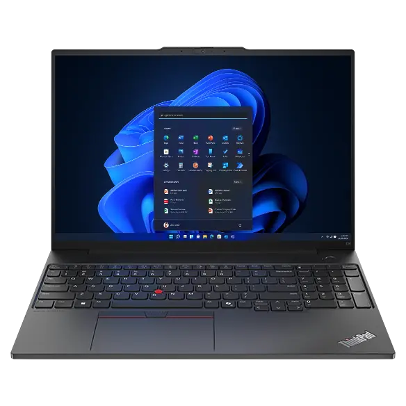 Ordinateur portable Lenovo ThinkPad E16 Gen 2 (16'' AMD) — vue de face, capot ouvert, menu Windows à l'écran.