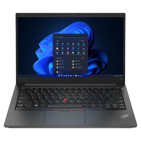 Front facing ThinkPad E14 Gen 4 business laptop, opened 90 degrees, showing keyboard and display with Windows 11