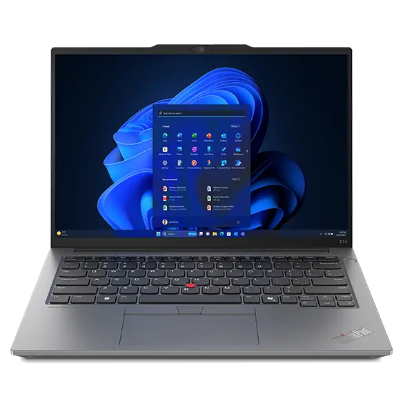 Front-facing Lenovo ThinkPad E14 Gen 6 (14” Intel) laptop,  opened, showing display and keyboard